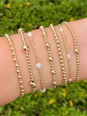 Gold Plated Elegant Gold and Pearl Stacked Bracelet Set